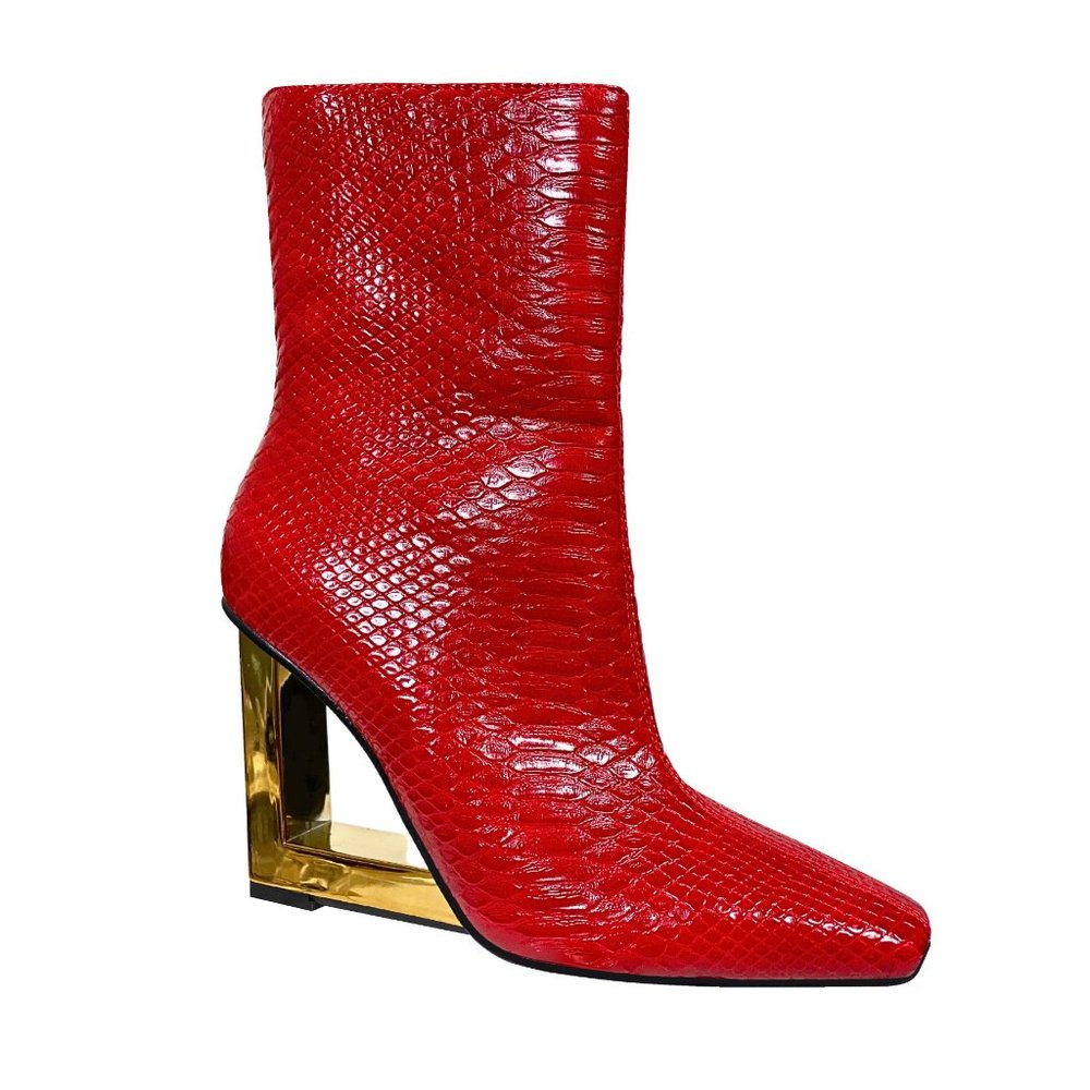 Stylish Vintage Womens Red Leather Metallic Wedge Crocodile Boots